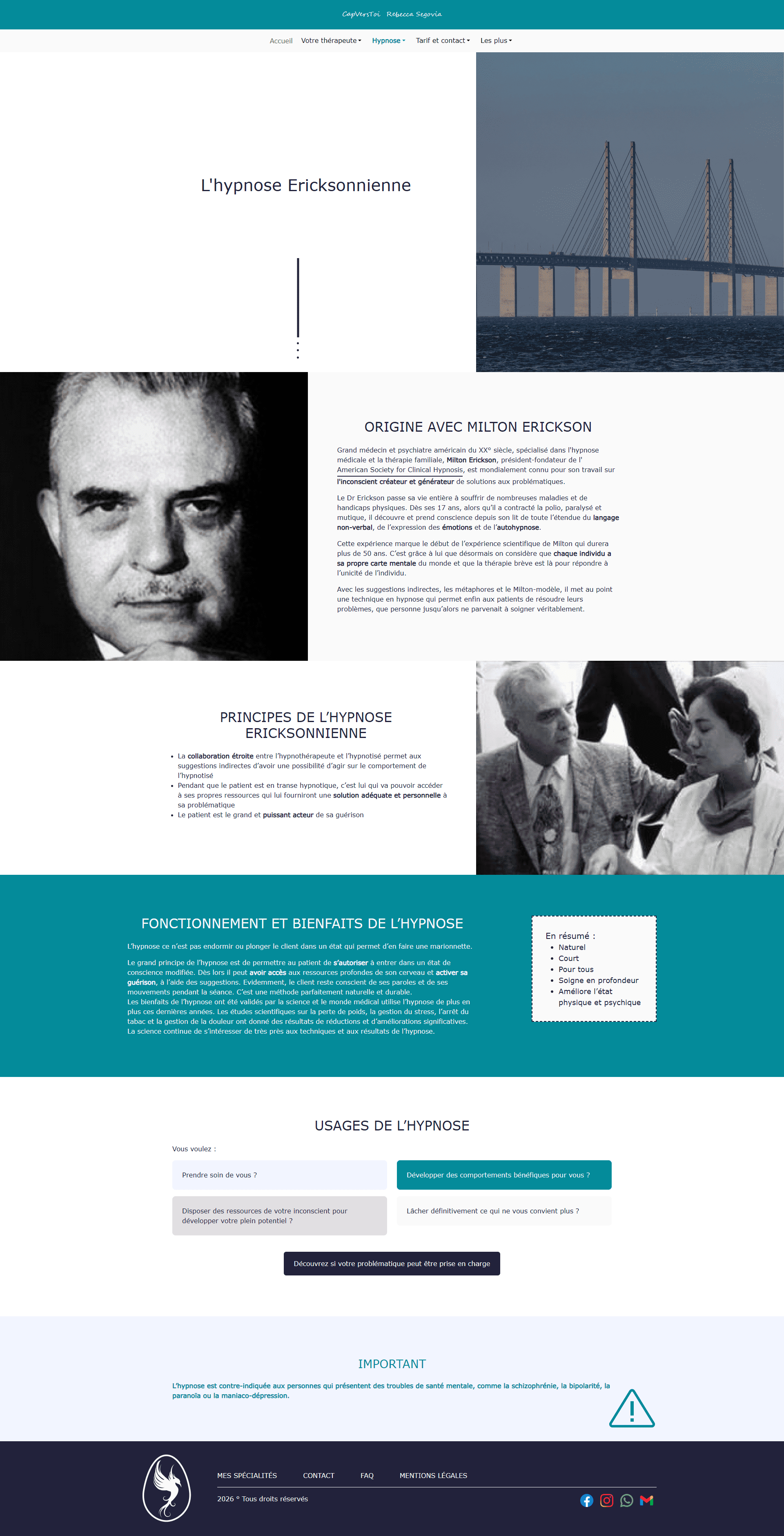 Capture d'écran du site web : page 'hypnose ericksonienne' 